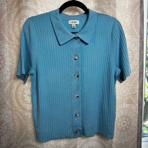 On 34th Button Down Short Sleeve Ribbed Knit Baby Blue Collared Soft Blouse Top